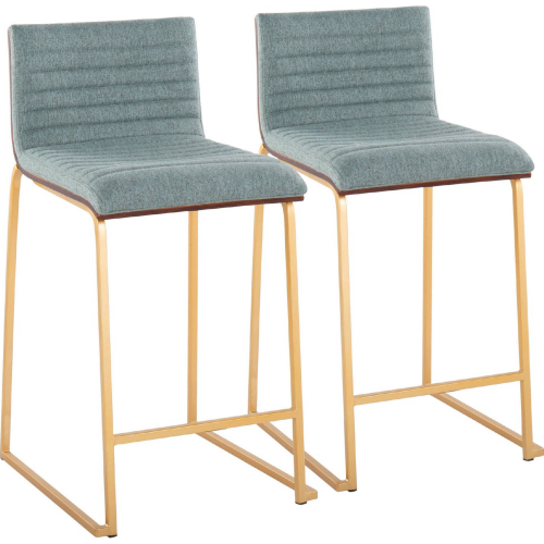 Mason Mara 26" Counter Stool in Gold, Walnut Wood & Green Fabric (Set of 2)